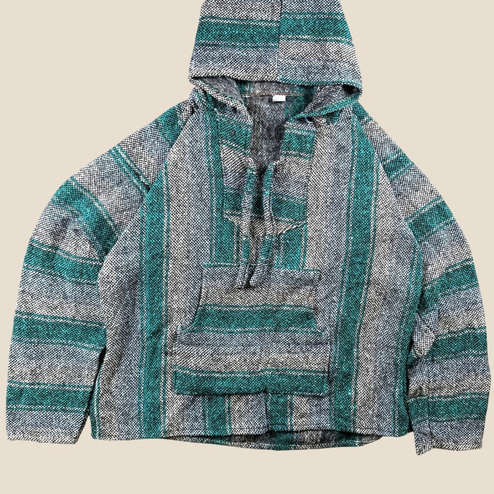 Artesanias Mickey Baja Hoodie Men XL Teal‎ Striped Mexican Boho Poncho Pullover
